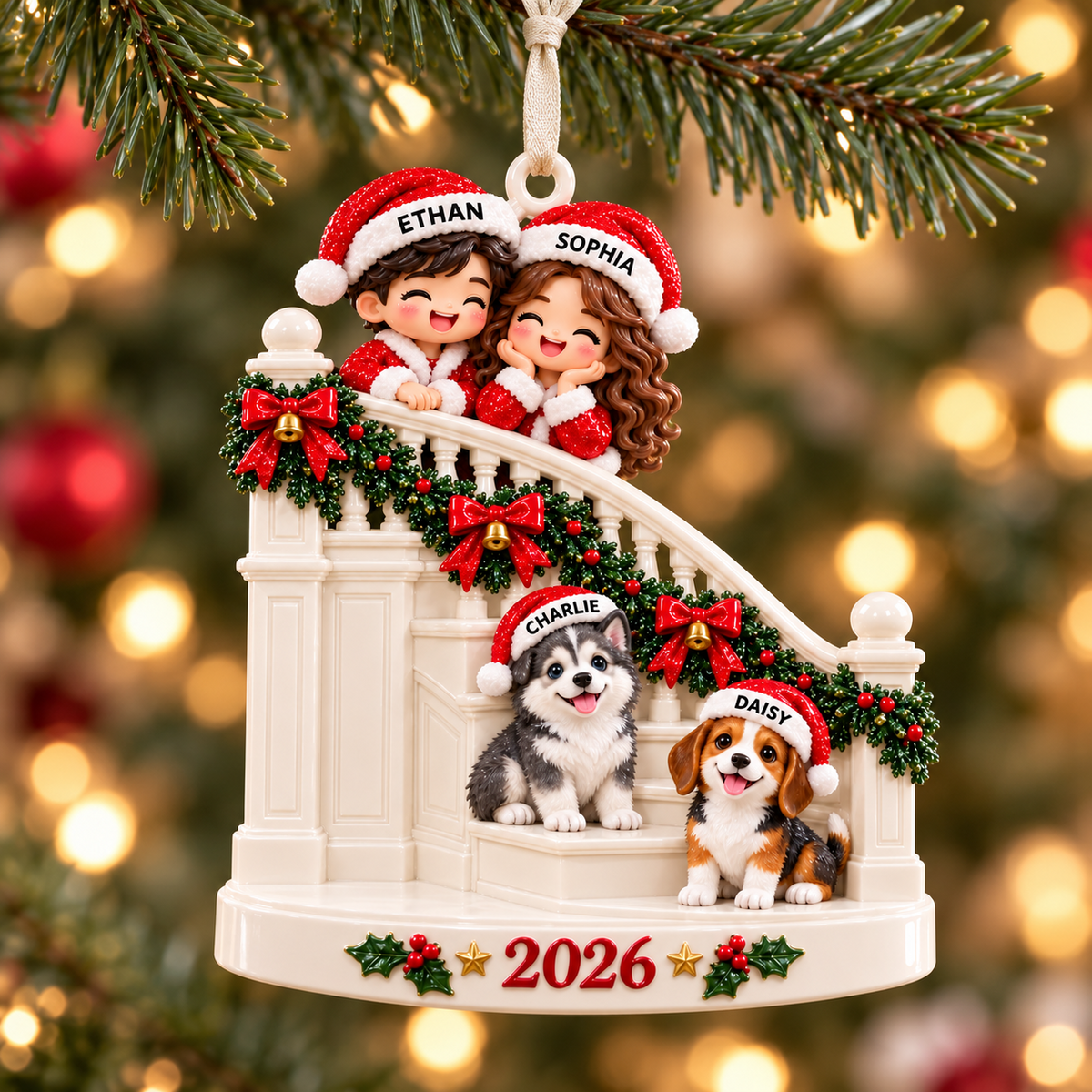Family Couple with Two Dogs on Christmas Staircase Holiday Keepsake - 3D Relief Ornament