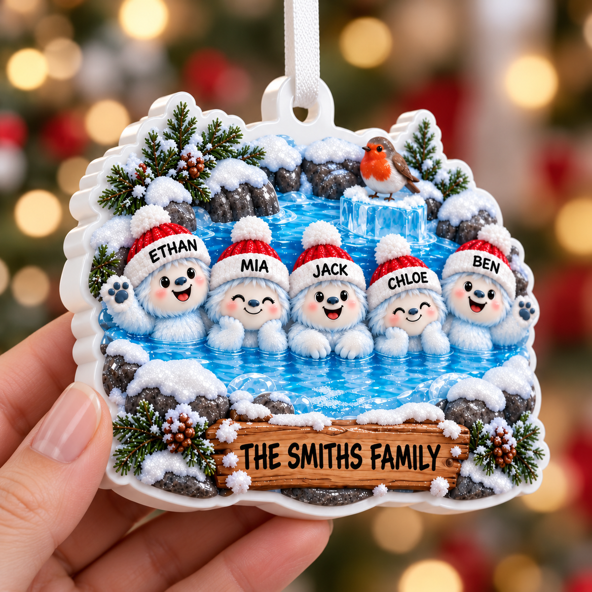 Winter Yeti Family in Hot Spring Acrylic Holiday Bauble - 3D Relief ...