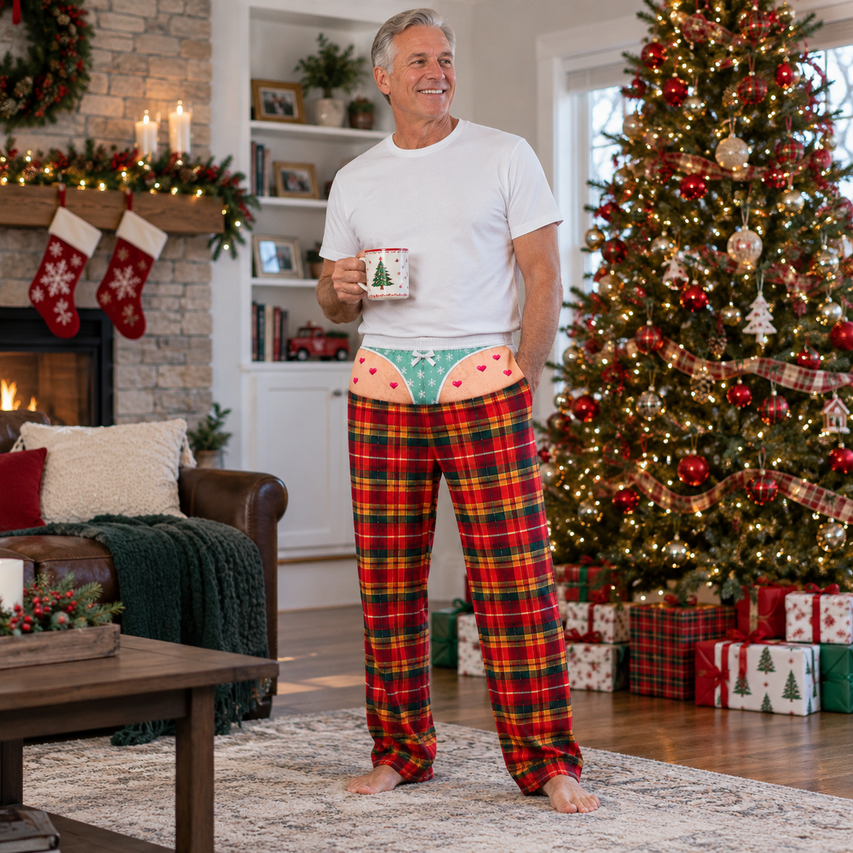 Novelty Plaid Pajama Pants with Faux Bikini Print Lounge Bottoms