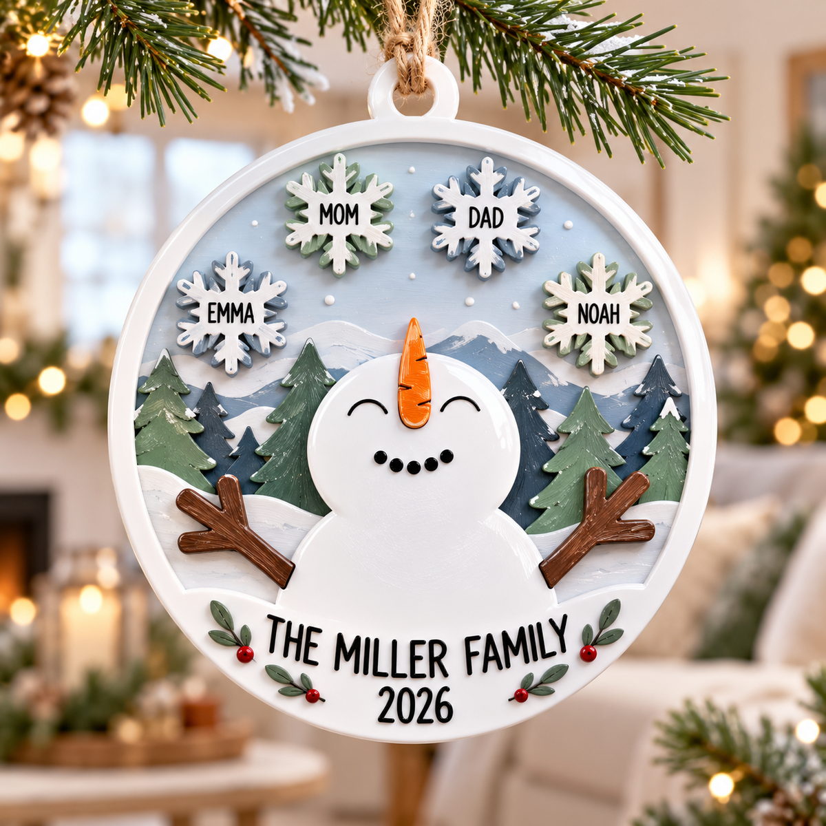 Snowman Family Winter Snowflakes Christmas Tree Hanging Decor, Round Pine Forest Scene - 3D Relief Ornament