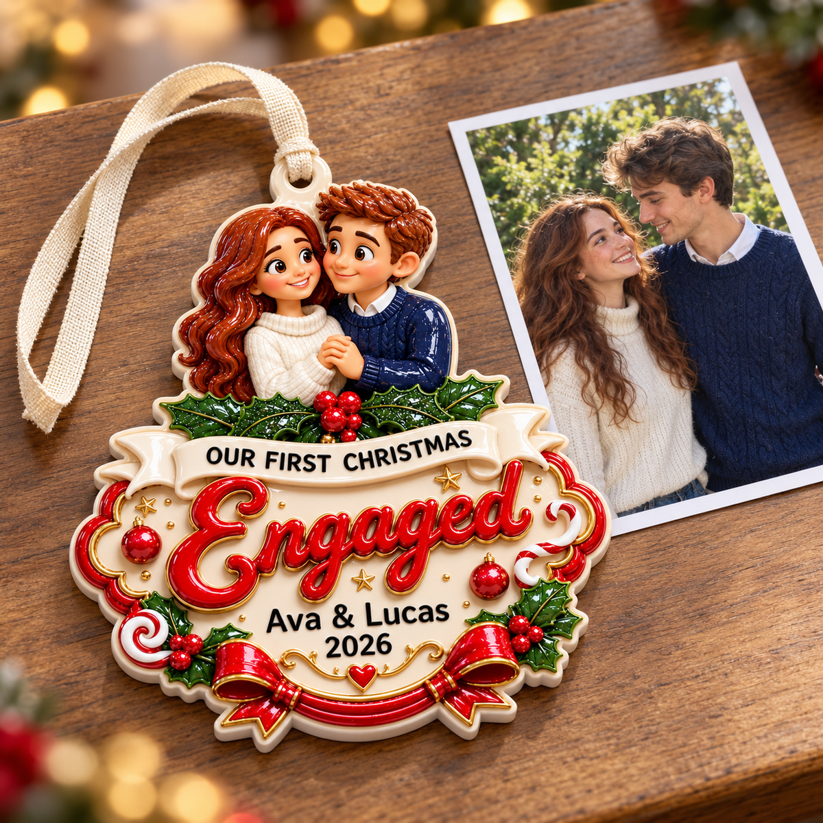 Our First Christmas Engaged Couple Portrait Holiday Keepsake - 3D Relief Ornament