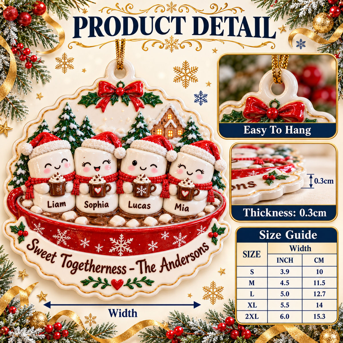 Family Marshmallows in Hot Cocoa Mug Holiday Tree Accent - 3D Relief Ornament