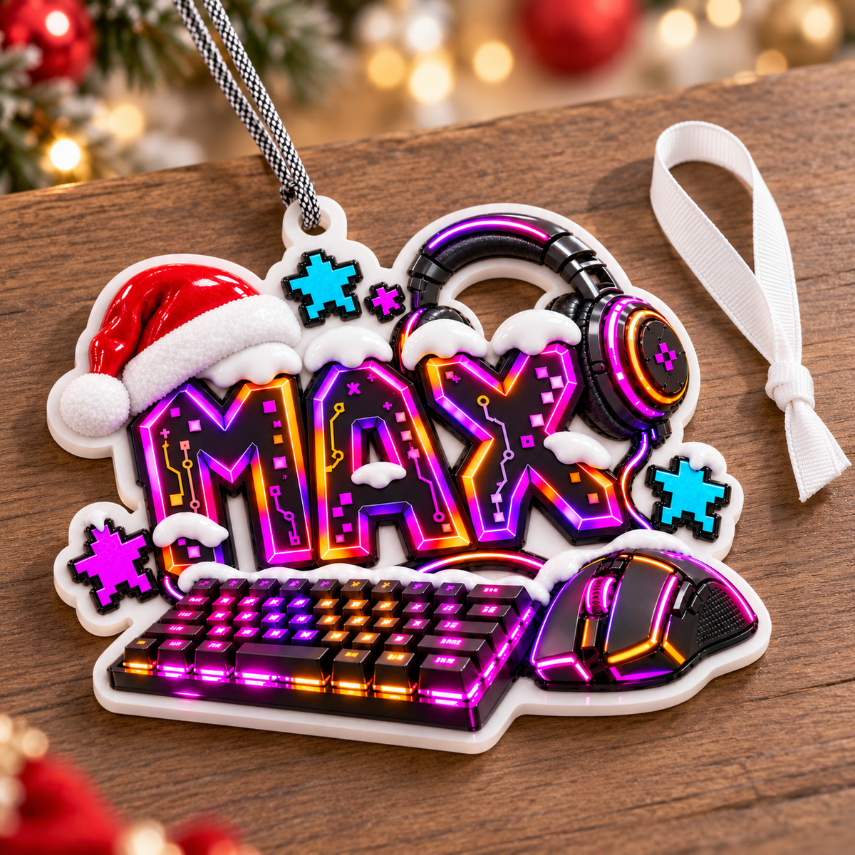 Video Gaming Santa Hat with Keyboard and Headset Christmas Holiday Decoration - 3D Relief Ornament