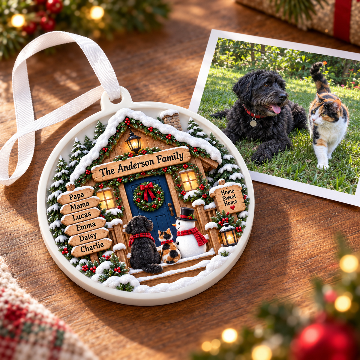 Round Christmas Tree Decoration with Winter Cabin, Snowman, and Pets - 3D Relief Ornament