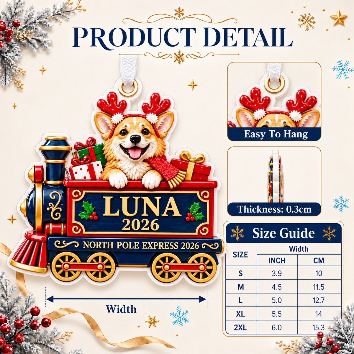 Corgi Dog North Pole Express Train Christmas Holiday Keepsake - 3D Relief Ornament