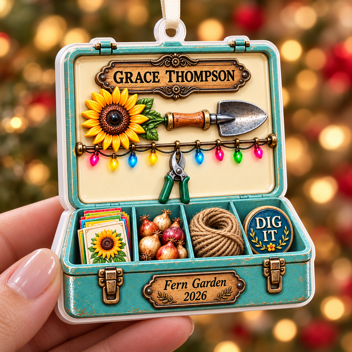 Gardening Toolbox with Seeds Trowel and Sunflower - 3D Relief Ornament