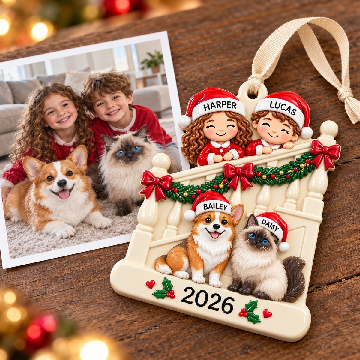 Family Kids with Dog and Cat on Staircase Christmas Holiday Keepsake - 3D Relief Ornament