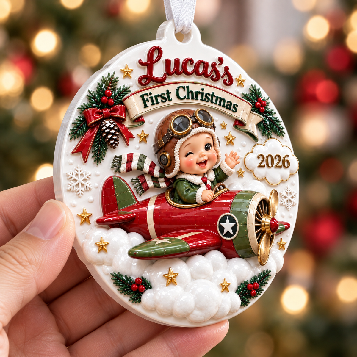 Baby First Christmas Aviator Pilot Red Airplane Holiday Tree Medallion - 3D Relief Ornament