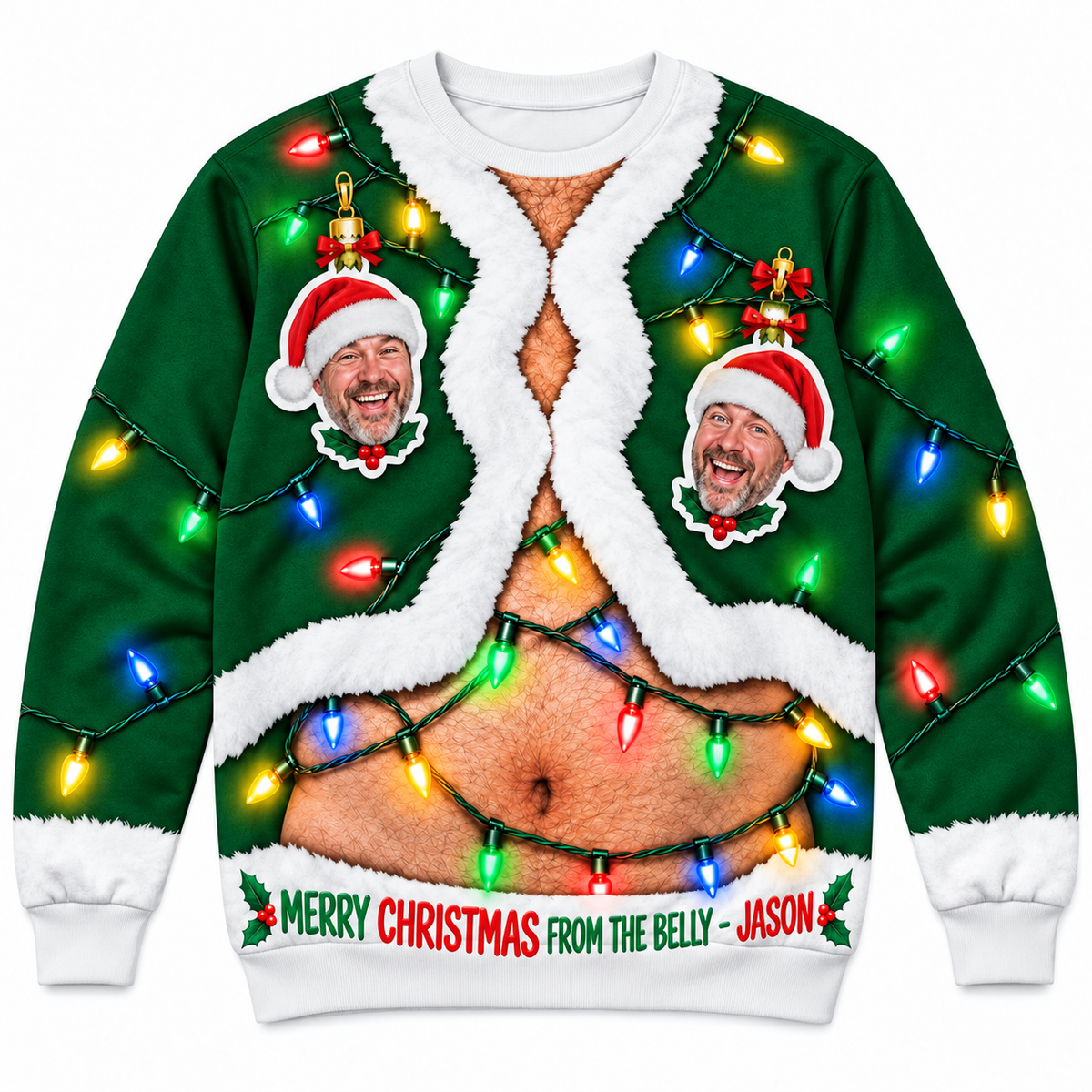 Ugly Christmas Sweatshirt Funny Hairy Belly String Lights Pullover