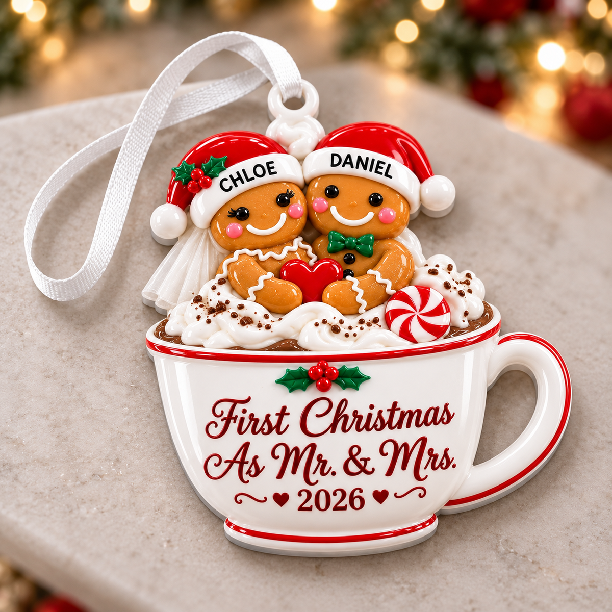 Gingerbread Couple in Hot Cocoa Mug First Christmas as Mr & Mrs Holiday Keepsake - 3D Relief Ornament