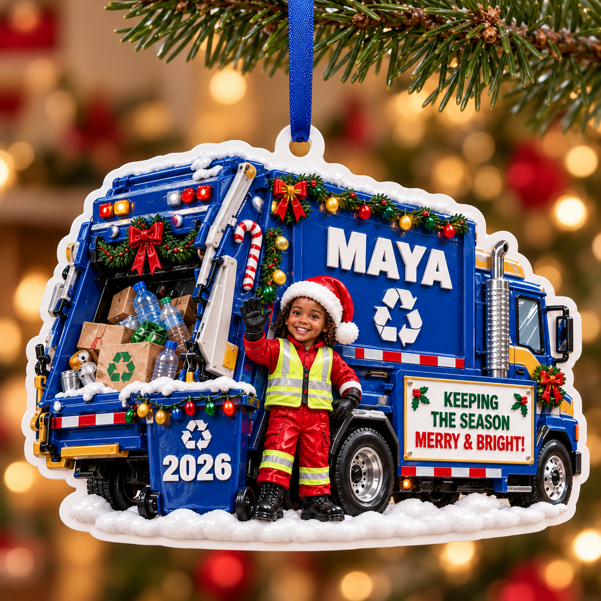 Recycling Garbage Truck Holiday Keepsake with Little Worker - 3D Relief Ornament