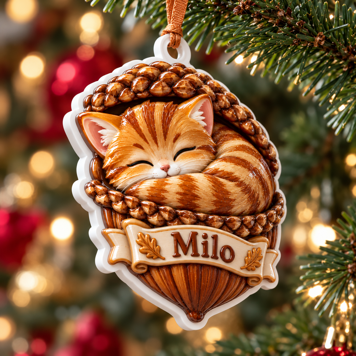 Sleeping Orange Tabby Cat in Acorn Basket Acrylic Holiday Keepsake - 3D Relief Ornament