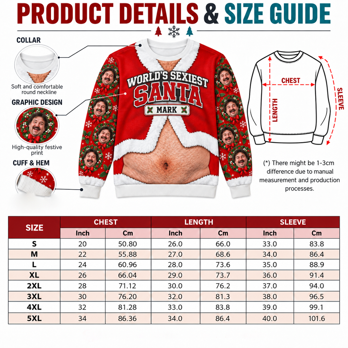 Funny Christmas Sweatshirt Hairy Belly Print Holiday Crewneck