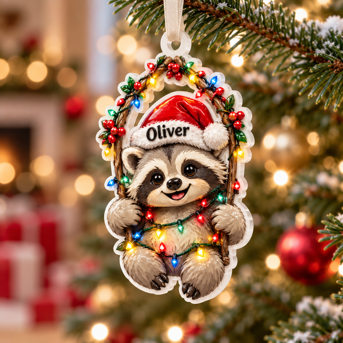 Baby Raccoon in Santa Hat with Christmas Lights Branch Wreath - 3D Relief Ornament