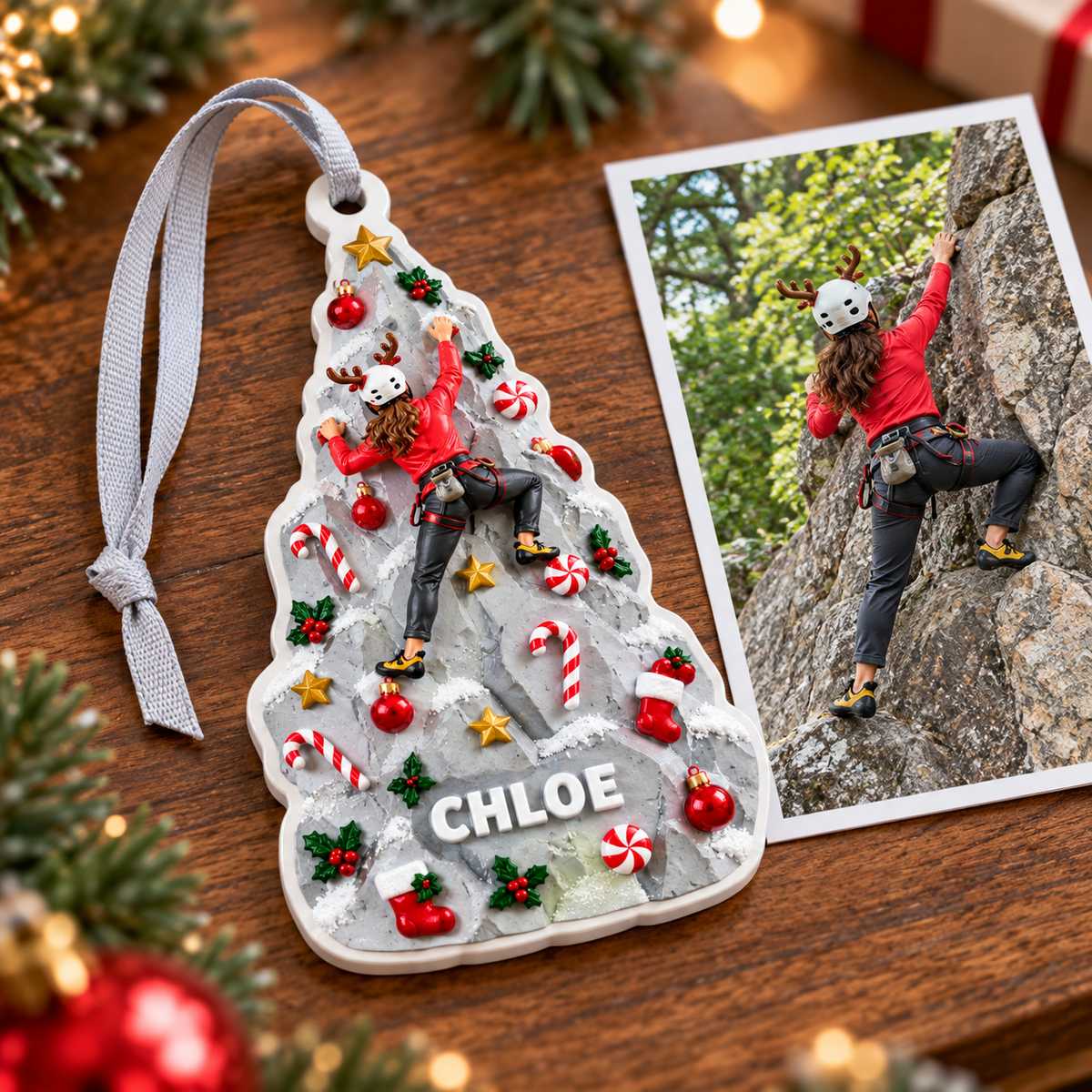 Rock Climbing Pine Tree Holiday Bauble Hanging Acrylic Keepsake - 3D Relief Ornament
