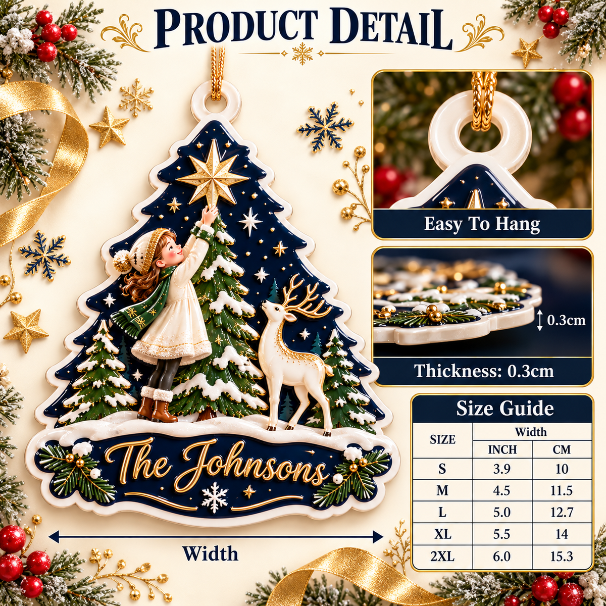 Winter Forest Girl and Deer Christmas Tree Plaque Holiday Keepsake - 3D Relief Ornament