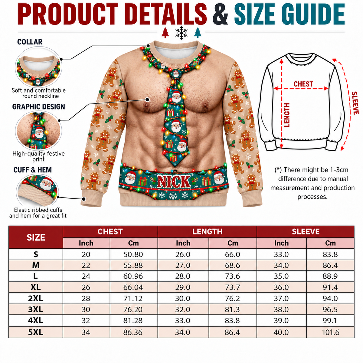 Funny Christmas Sweatshirt Faux Muscle Chest Holiday Tie Graphic