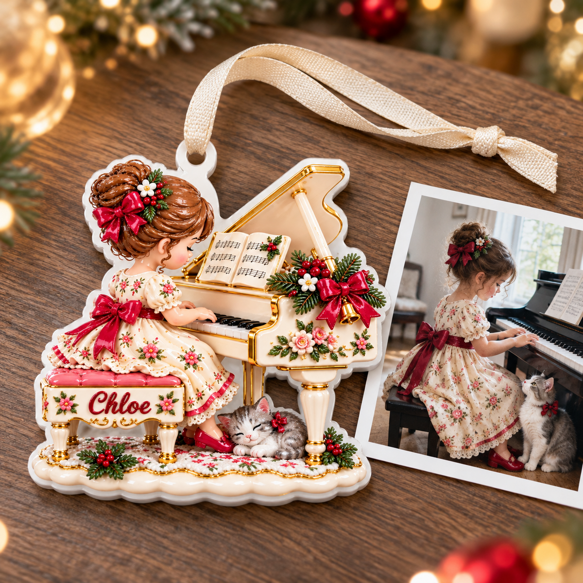 Little Girl Playing Grand Piano with Sleeping Cat Acrylic Hanging Keepsake - 3D Relief Ornament
