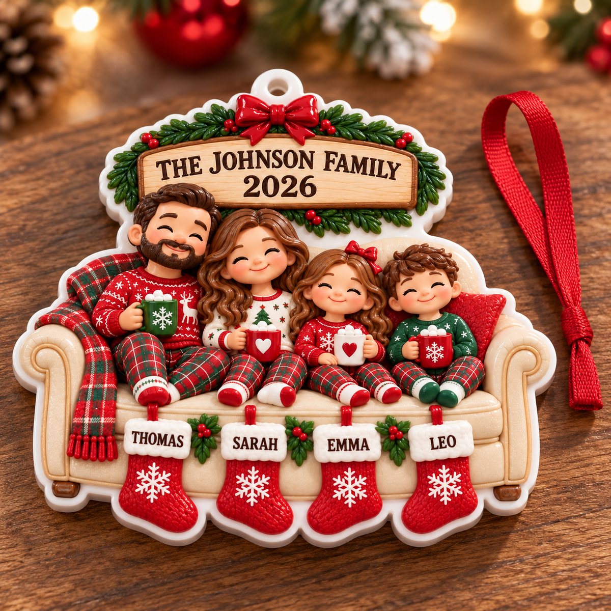 Family of 4 on Sofa with Christmas Stockings Holiday Keepsake - 3D Relief Ornament