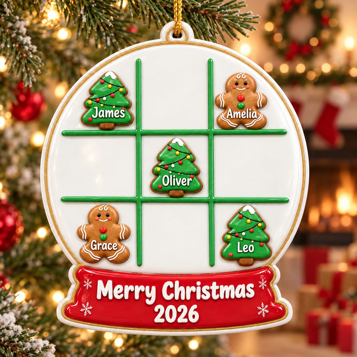 Christmas Tree and Gingerbread Man Tic Tac Toe Snow Globe Hanging Decor - 3D Relief Ornament