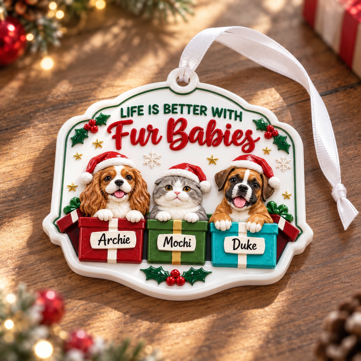 Pet Christmas Tree Hanging Plaque with Dogs, Cat in Santa Hats, Holiday Gift Boxes - 3D Relief Ornament