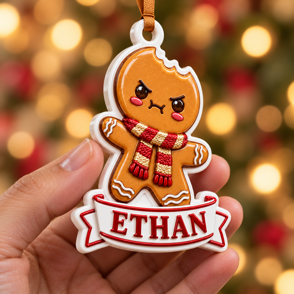 Bitten Gingerbread Cookie Banner White Ceramic Holiday Tree Decor - 3D Relief Ornament