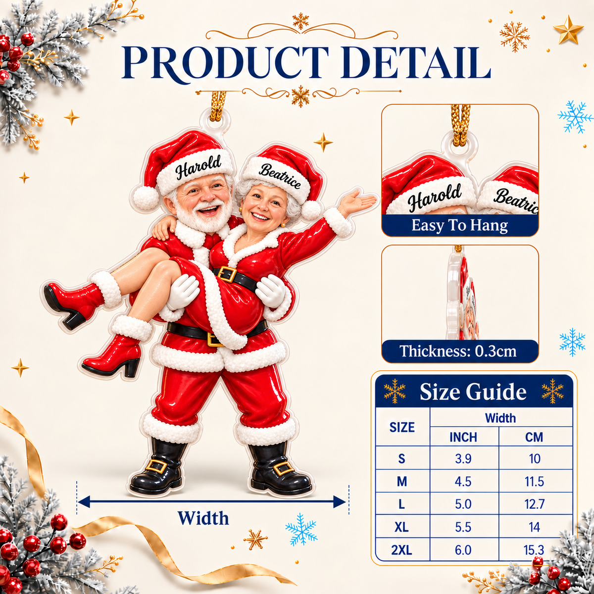 Santa and Mrs Claus Couple Holiday Tree Hanging Figurine in Red - 3D Relief Ornament
