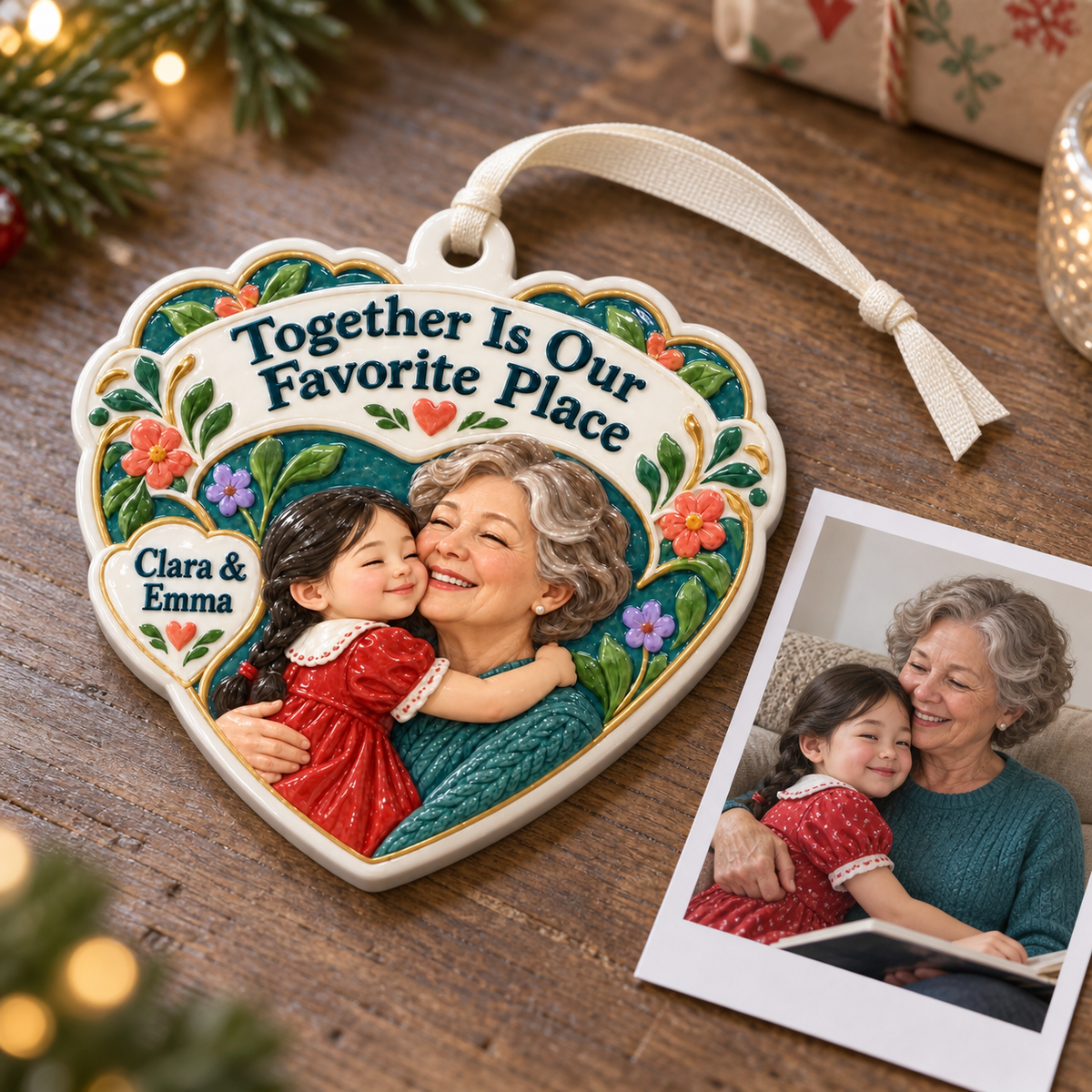 Grandmother and Granddaughter Heart Holiday Keepsake - 3D Relief Ornament