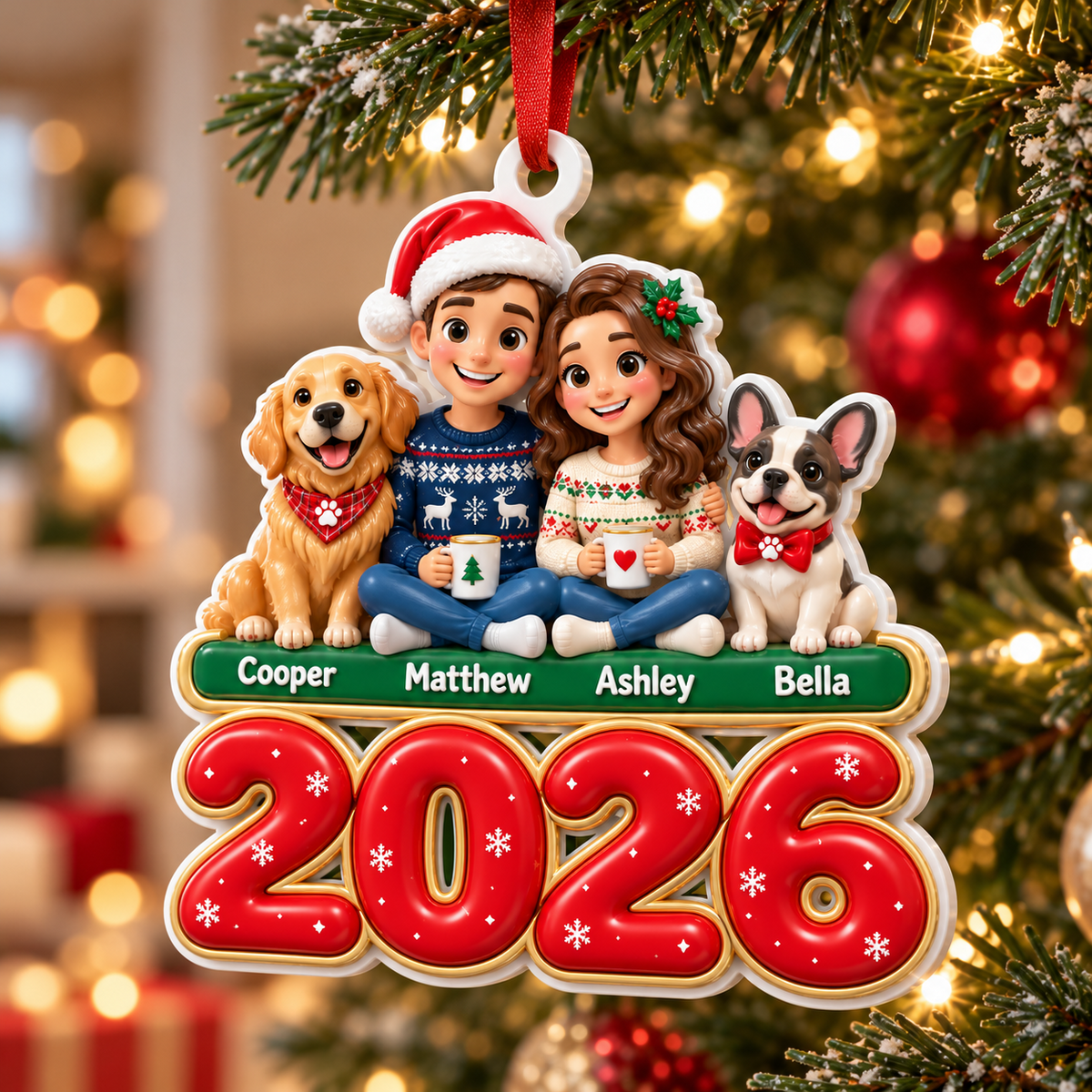 Family Couple and Dogs 2026 Christmas Holiday Tree Hanging Plaque - 3D Relief Ornament