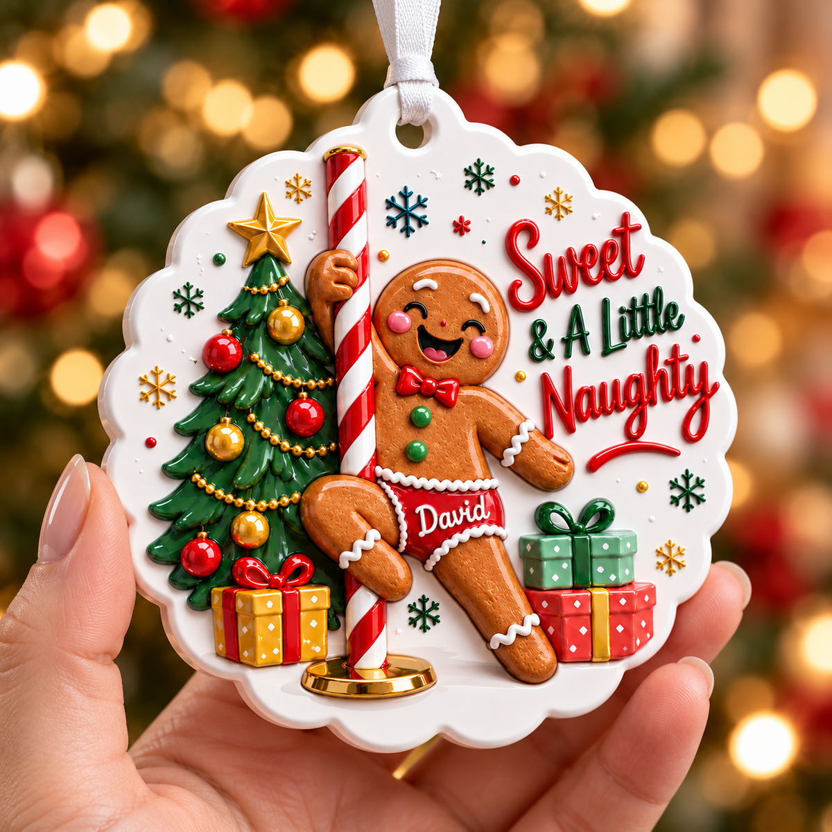 Pole Dancing Gingerbread Man Holiday Acrylic Medallion - 3D Relief Ornament