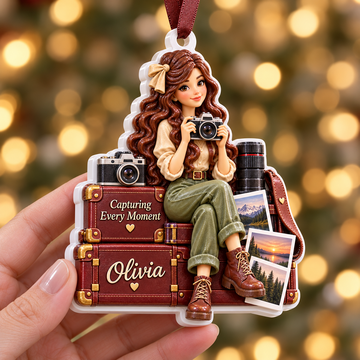 Travel Girl Photographer with Vintage Luggage Acrylic Christmas Hanging Keepsake - 3D Relief Ornament