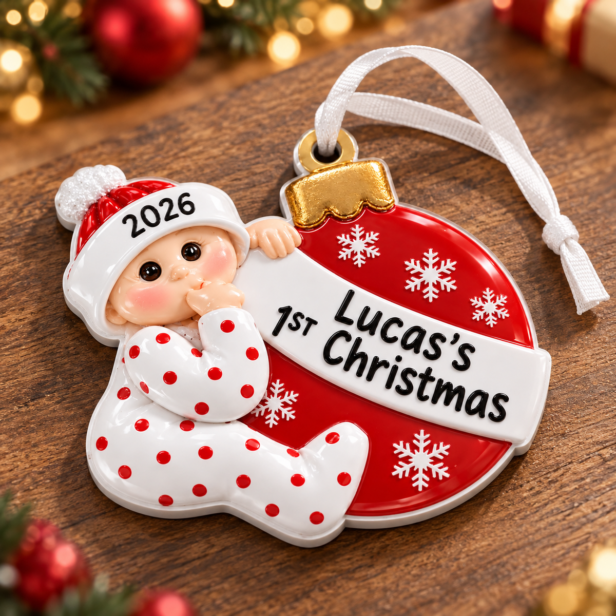 Baby First Christmas Bauble Red and White Polyresin Hanging Keepsake - 3D Relief Ornament