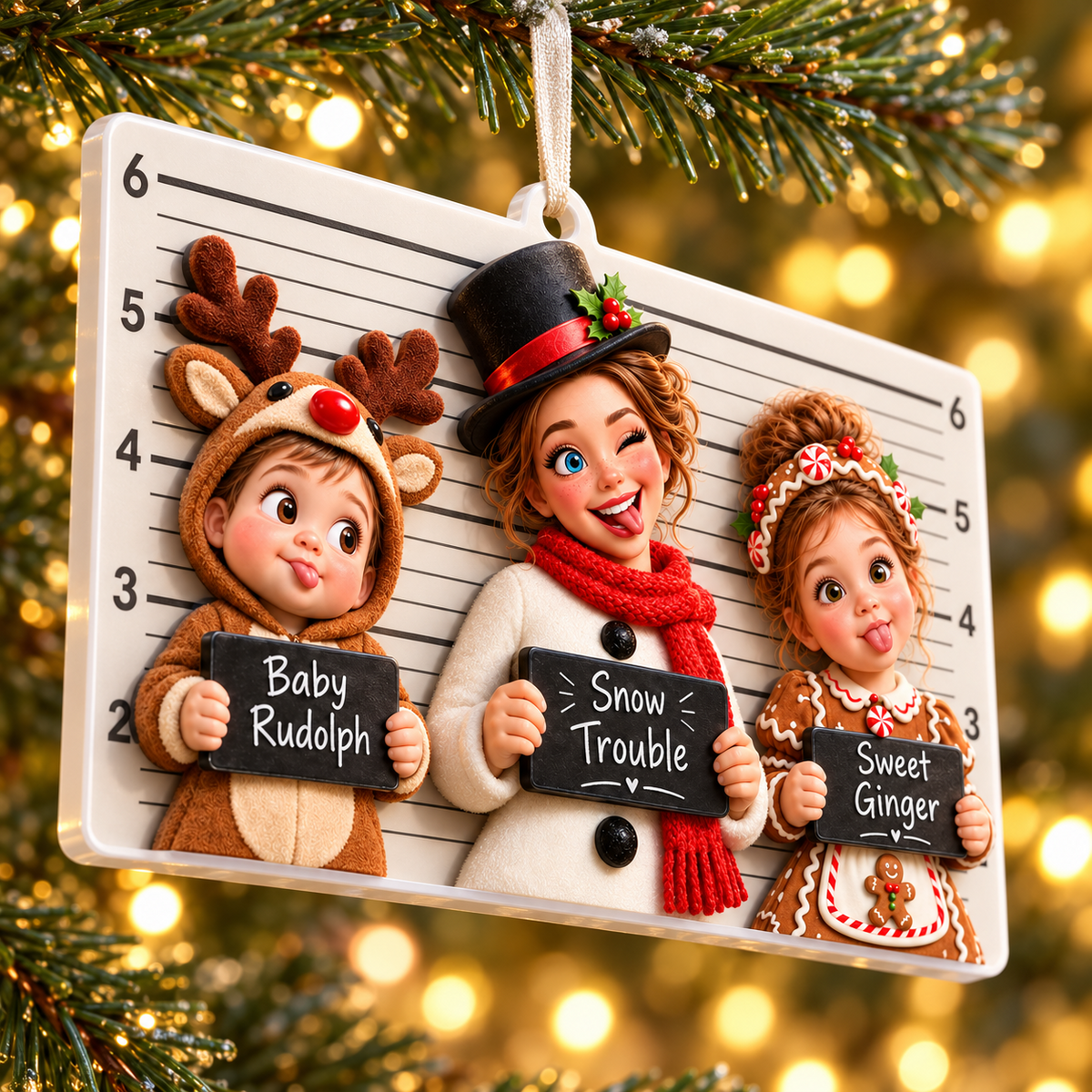 Christmas Mugshot Lineup Kids Costumes Rectangular Hanging Holiday Keepsake - 3D Relief Ornament