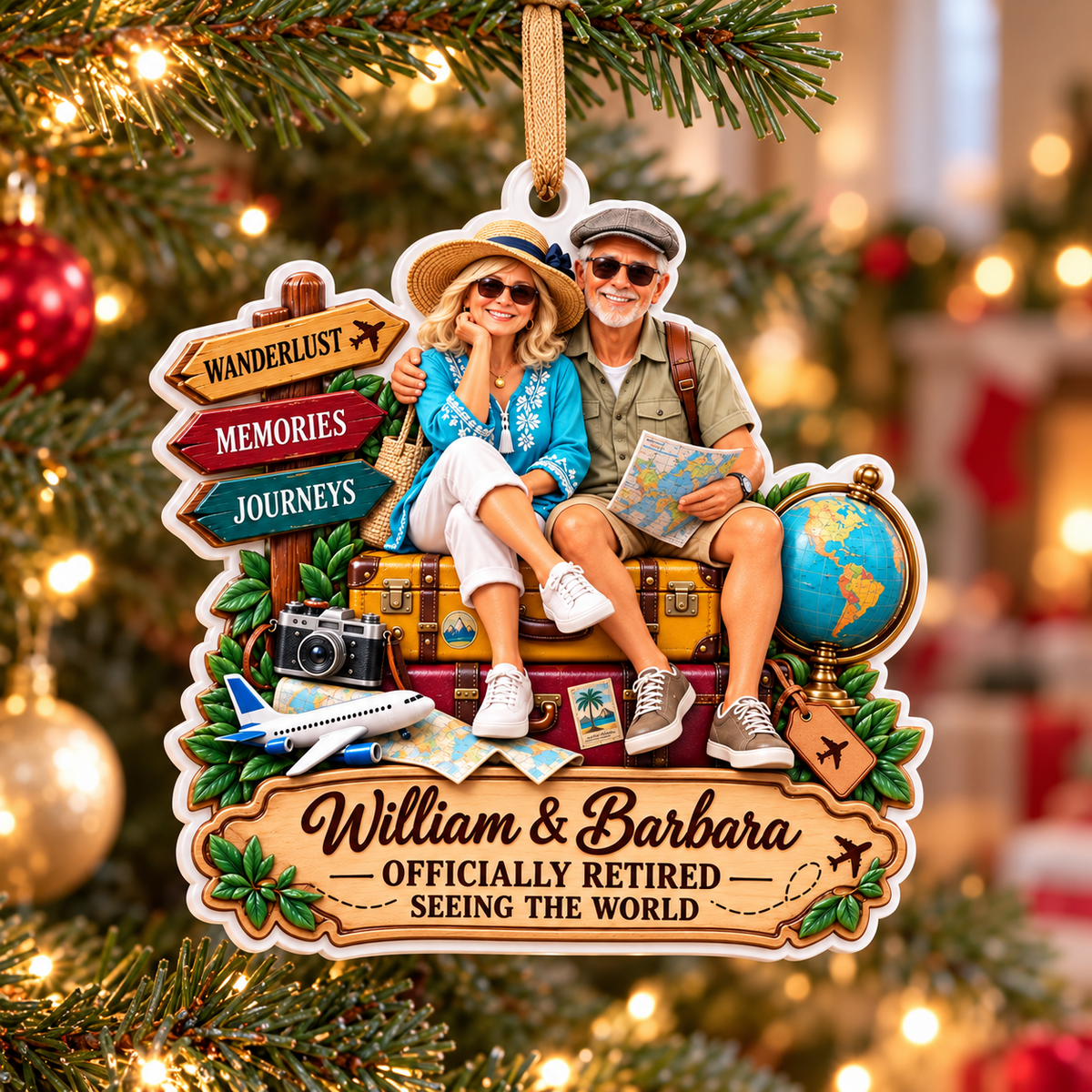 Retired Couple Traveling World Vacation Keepsake - 3D Relief Ornament