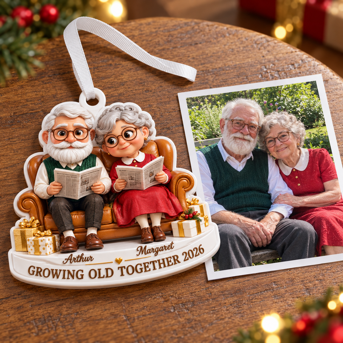 Elderly Couple on Couch Christmas Holiday Keepsake - 3D Relief Ornament