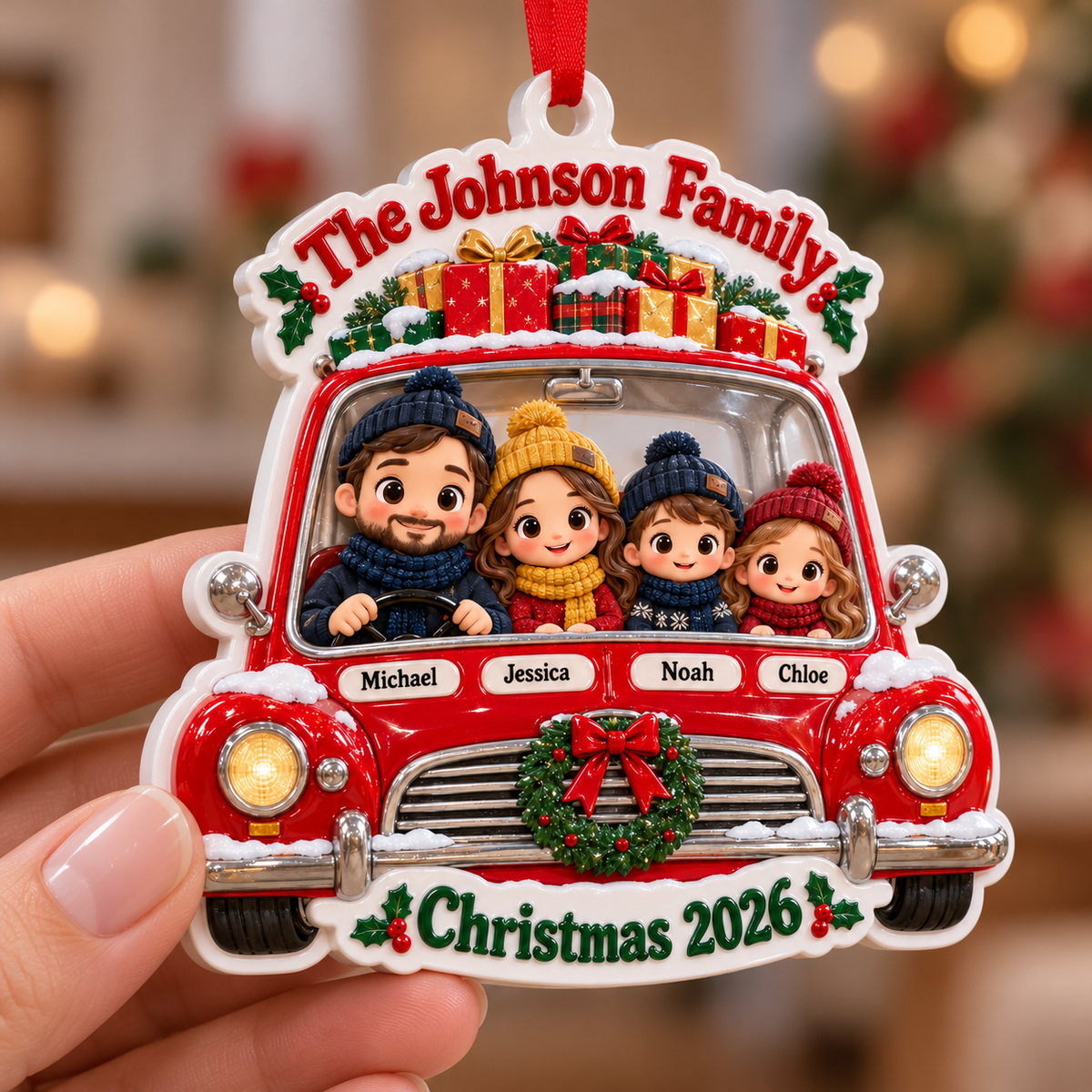 Family of Four in Red Vintage Car Christmas Holiday Keepsake - 3D Relief Ornament