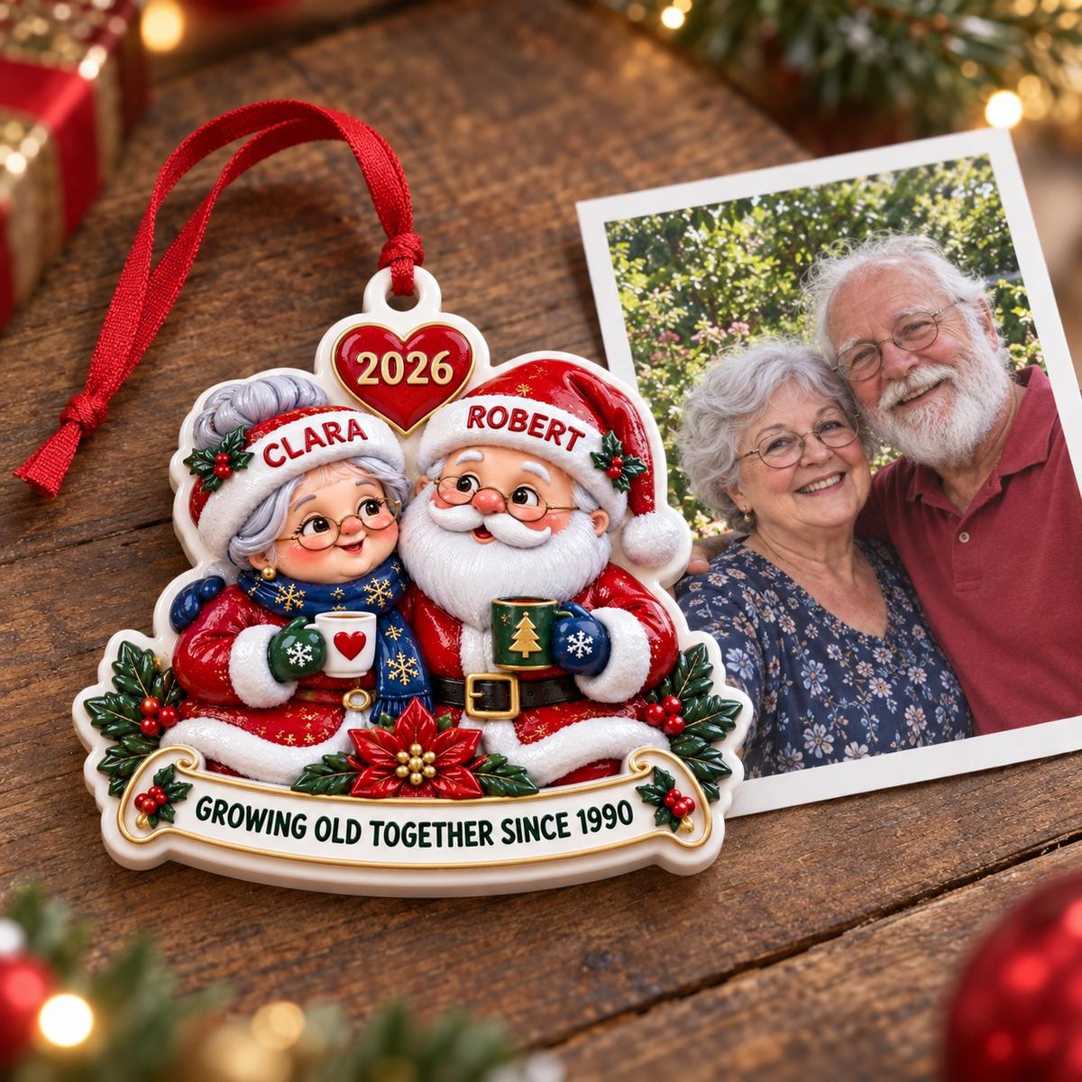 Santa and Mrs Claus Couple Christmas Tree Decoration, Holiday Keepsake - 3D Relief Ornament