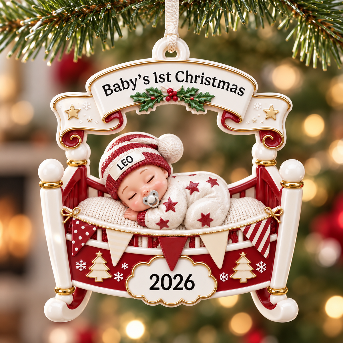 Baby's First Christmas Cradle Hanging Keepsake, Red and White Rocking Bassinet - 3D Relief Ornament