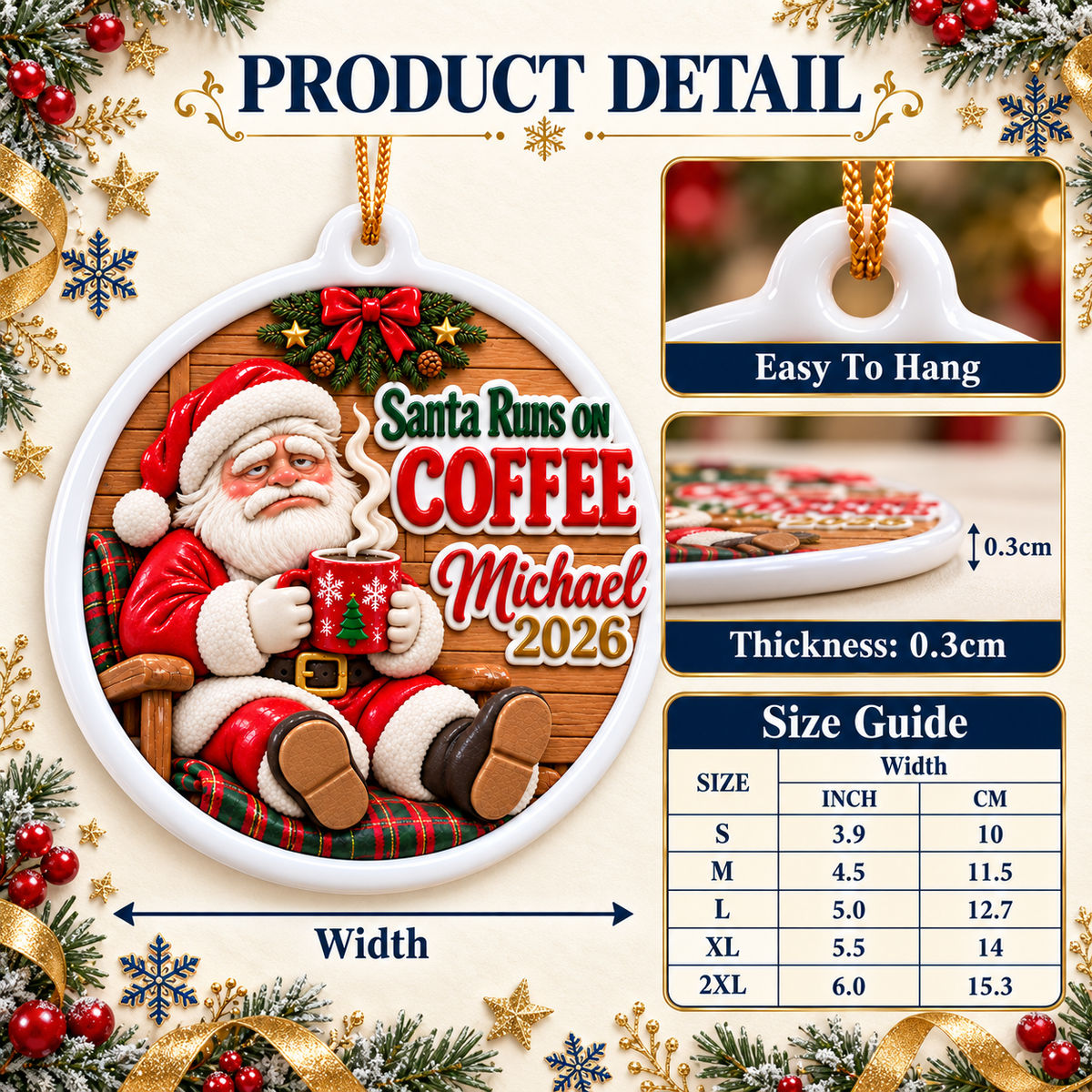Santa Runs On Coffee Tired Holiday Medallion Hanging Keepsake - 3D Relief Ornament