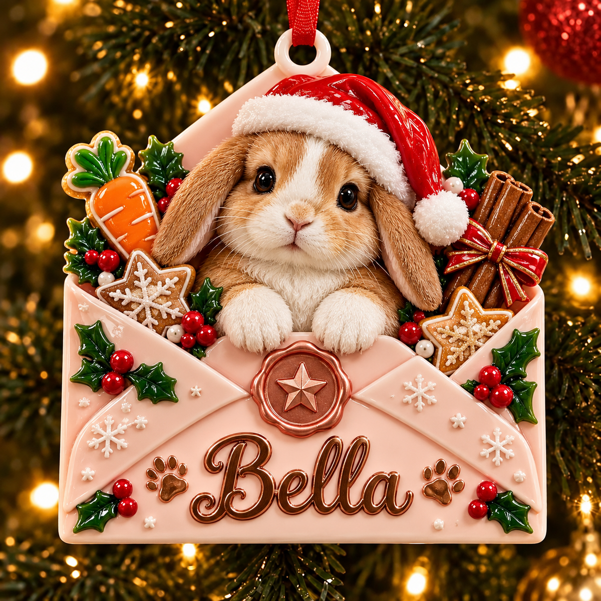 Baby Bunny in Pink Envelope Christmas Tree Pendant - 3D Relief Ornament