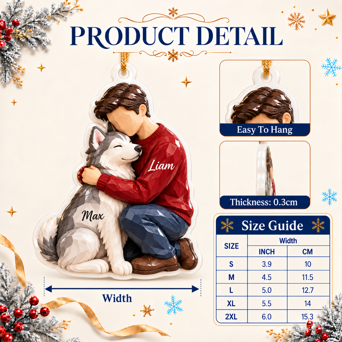 Boy Hugging Siberian Husky Dog Christmas Tree Hanging Keepsake - 3D Relief Ornament