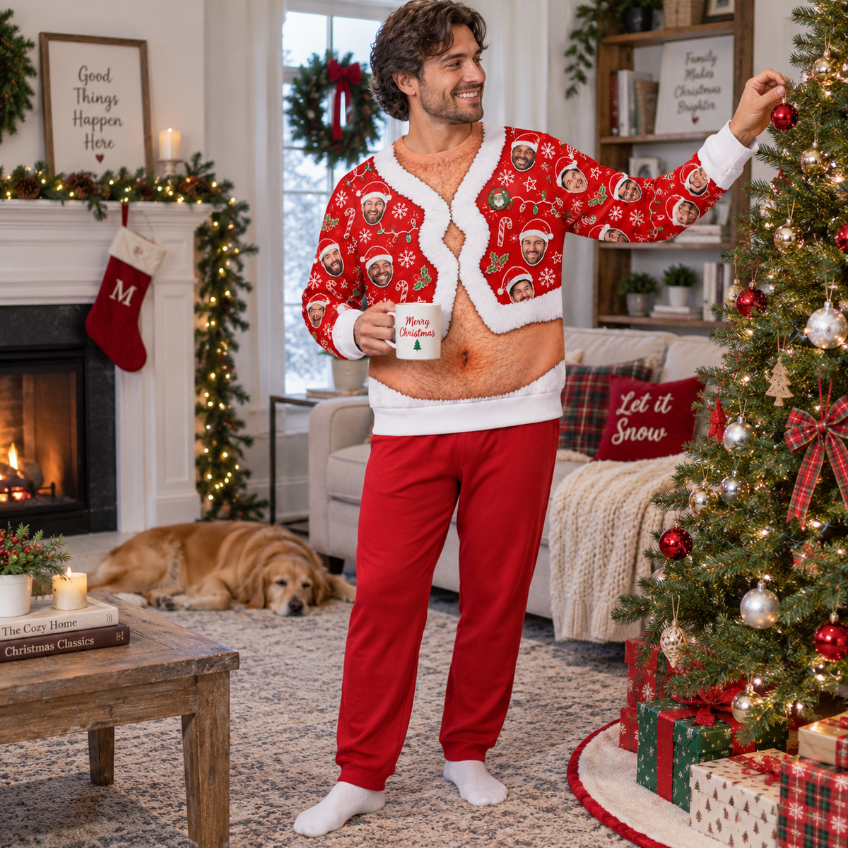 Hairy Chest Christmas Sweatshirt Faux Fur Cardigan Print Pullover