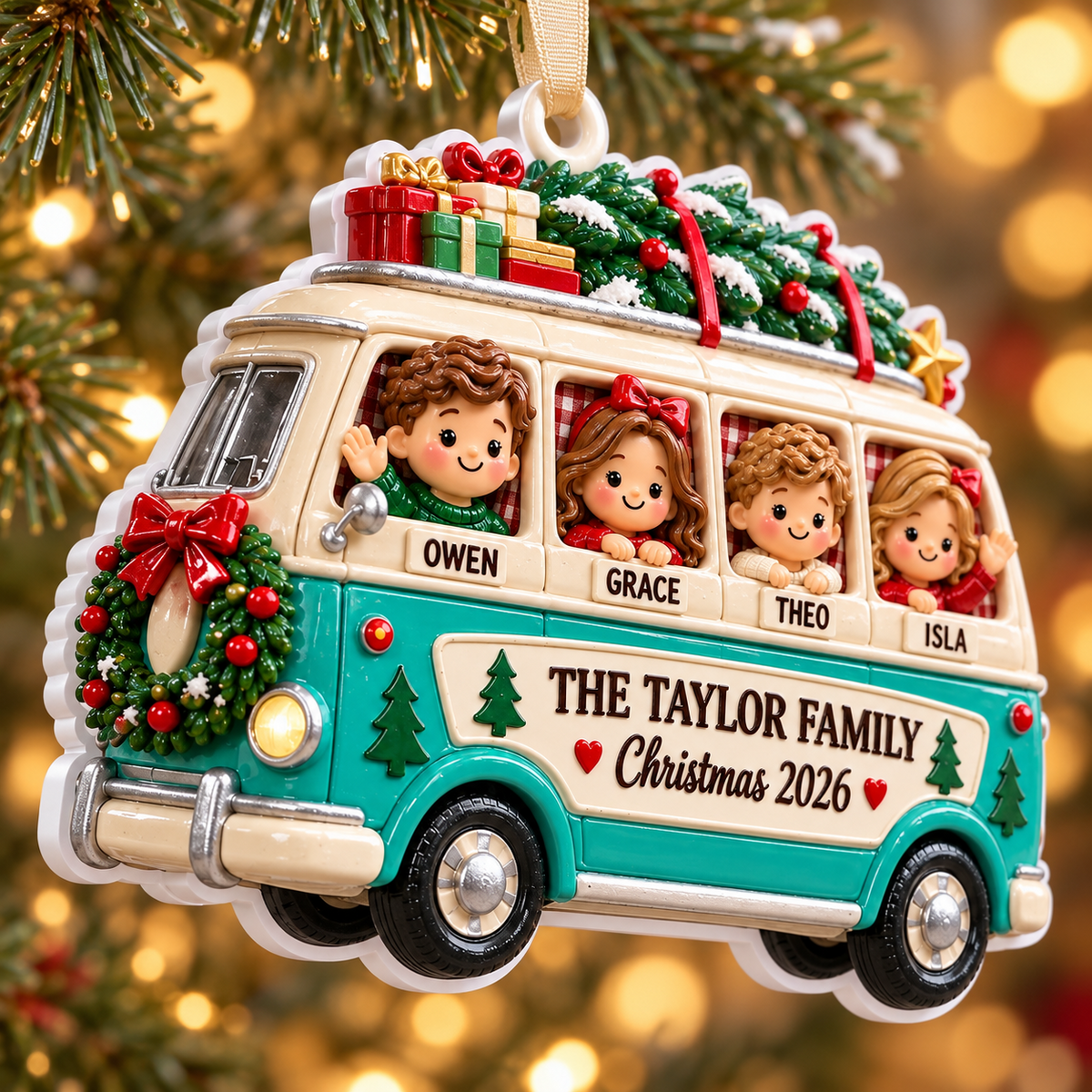 Family Road Trip Camper Van Holiday Hanging Keepsake - 3D Relief Ornament