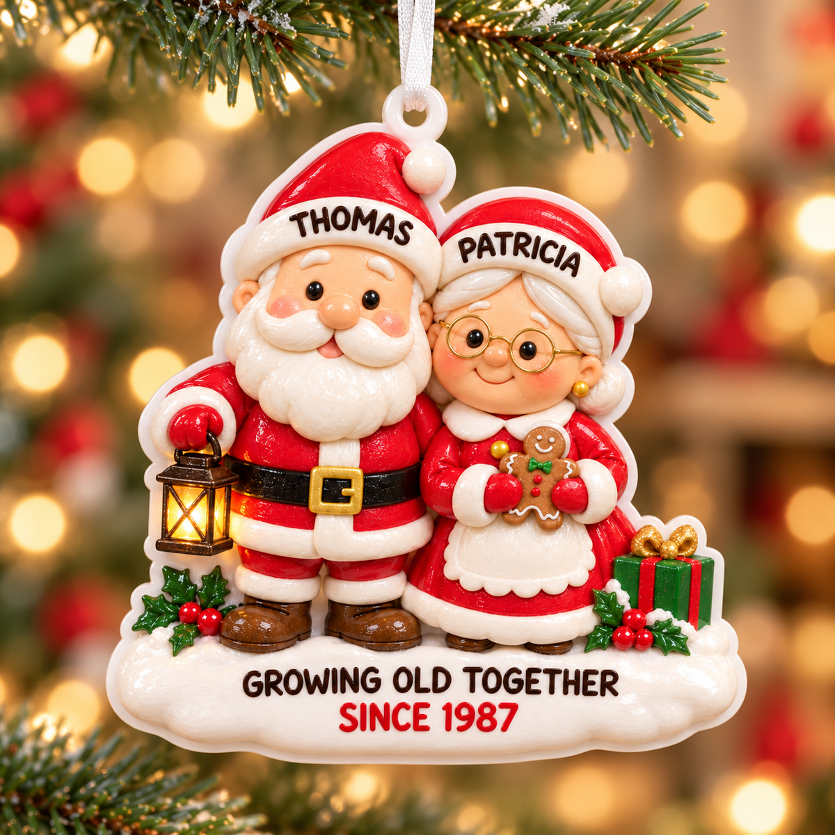 Santa and Mrs Claus Couple Christmas Tree Hanging Keepsake Plaque - 3D Relief Ornament