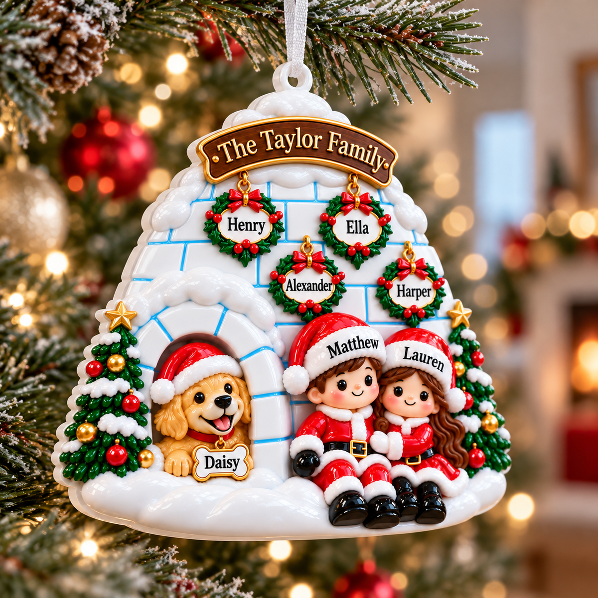 Winter Igloo Family of 6 with Dog Hanging Holiday Keepsake - 3D Relief Ornament