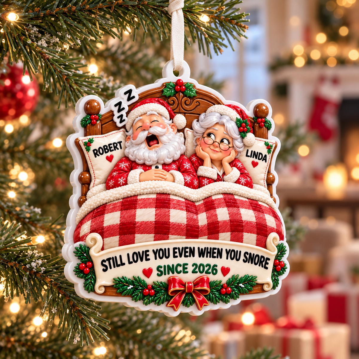 Sleeping Couple in Bed with Plaid Quilt Holiday Keepsake - 3D Relief Ornament