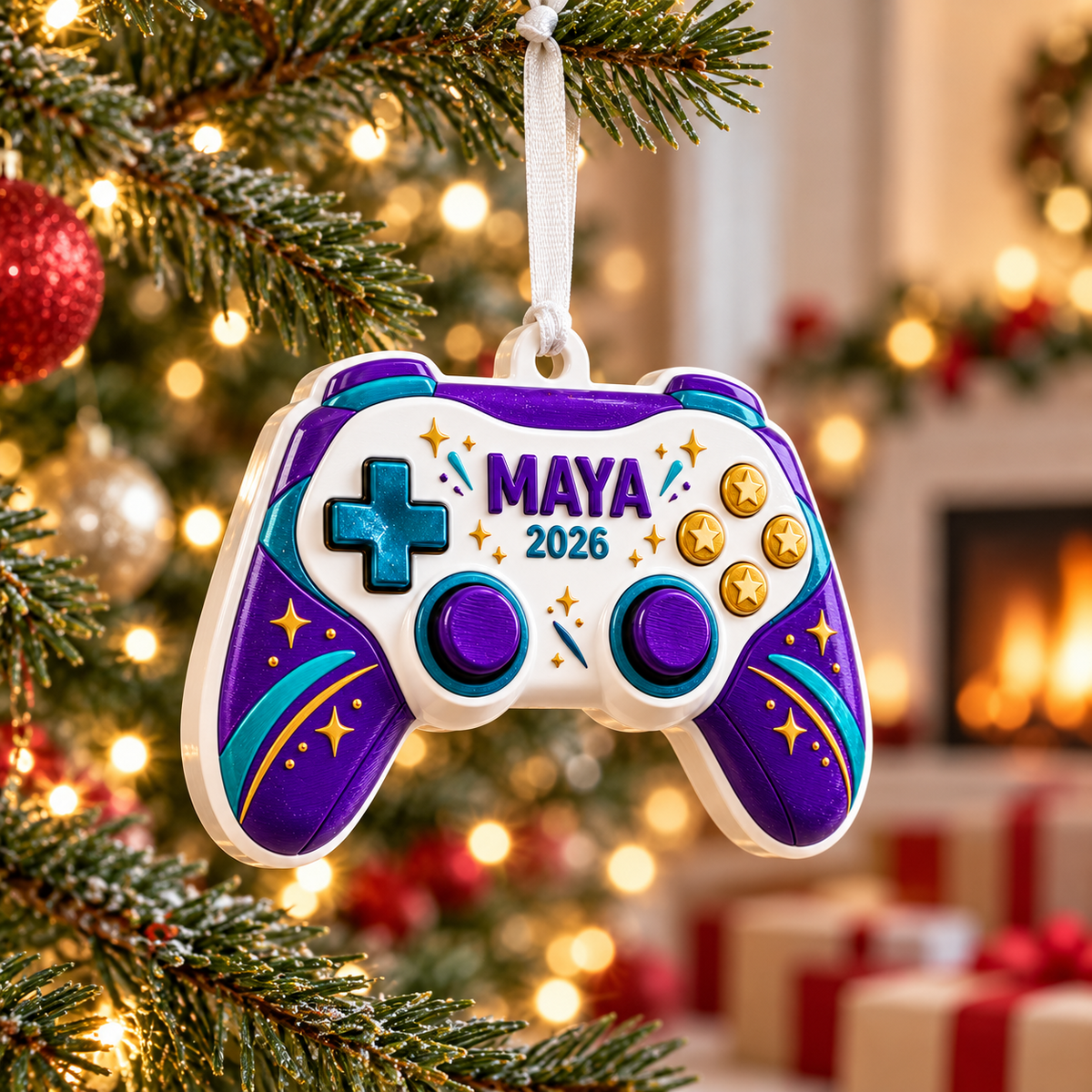 Video Game Controller Acrylic Holiday Keepsake with Star Accents - 3D Relief Ornament