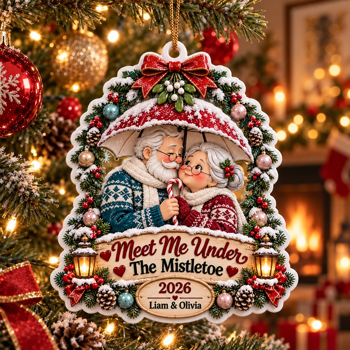 Elderly Couple Under Umbrella Holiday Tree Hanging - 3D Relief Ornament