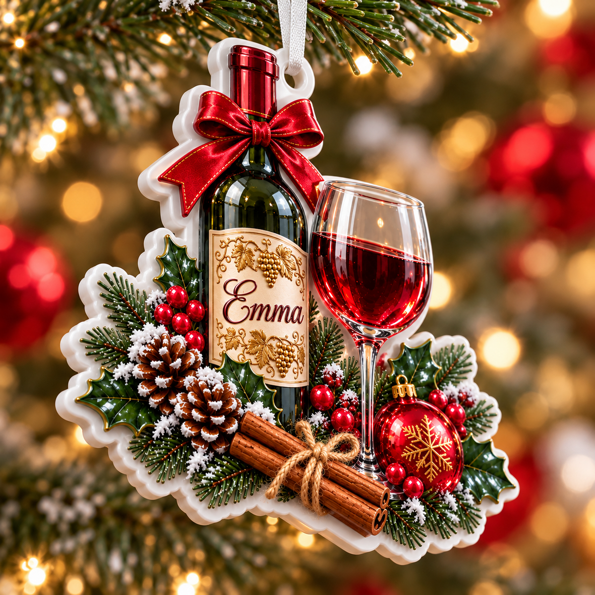 Red Wine Bottle and Glass Christmas Tree Holiday Decoration - 3D Relief Ornament