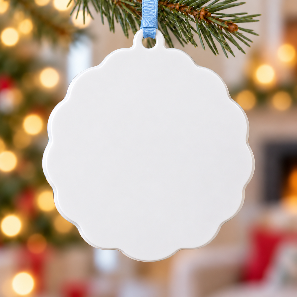 White Scalloped Round Ceramic Christmas Tree Hanging Medallion Decor - 3D Relief Ornament